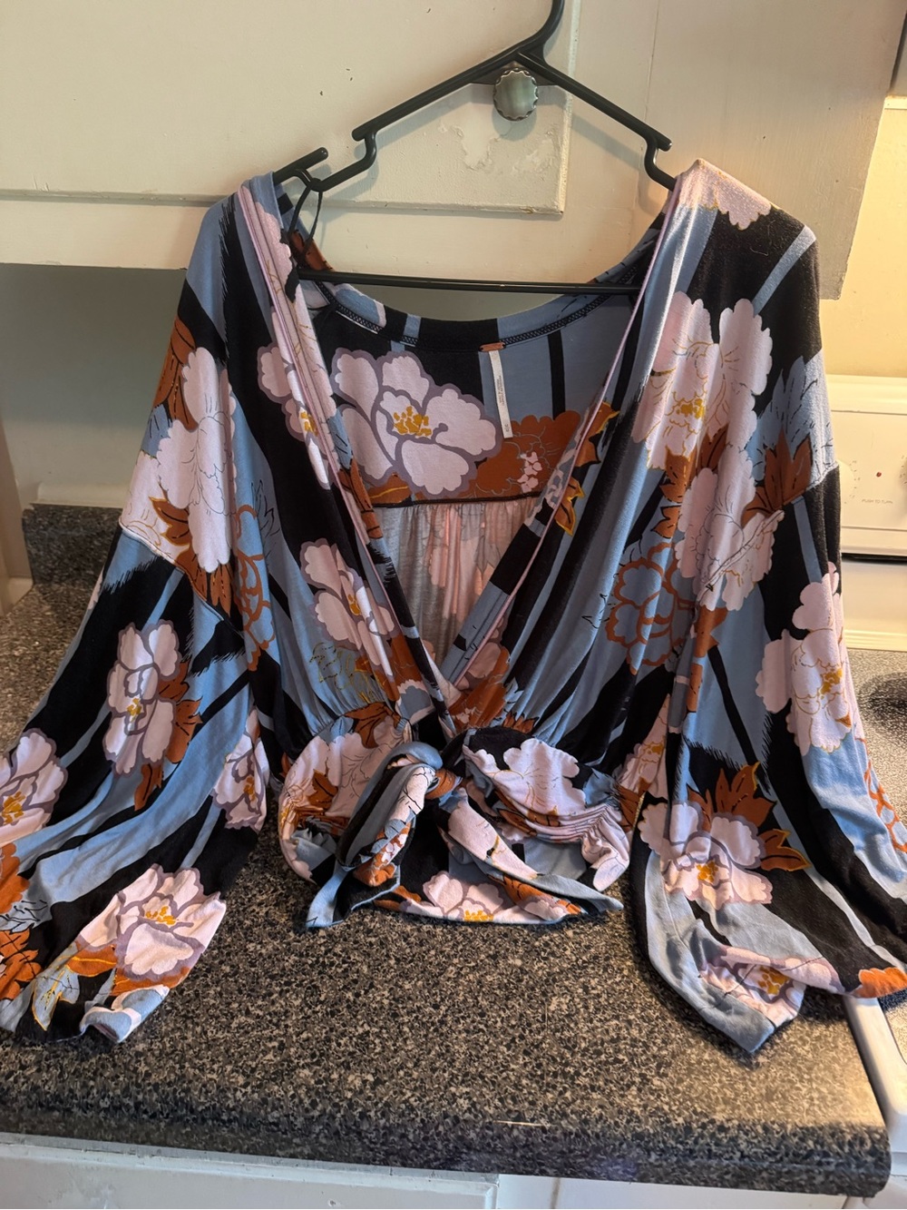 Free People Floral Tie-Front Top in Light Blue, Black, Pink and Brown